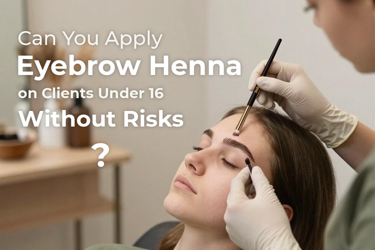 eyebrow henna tint application on young client in Germany salon